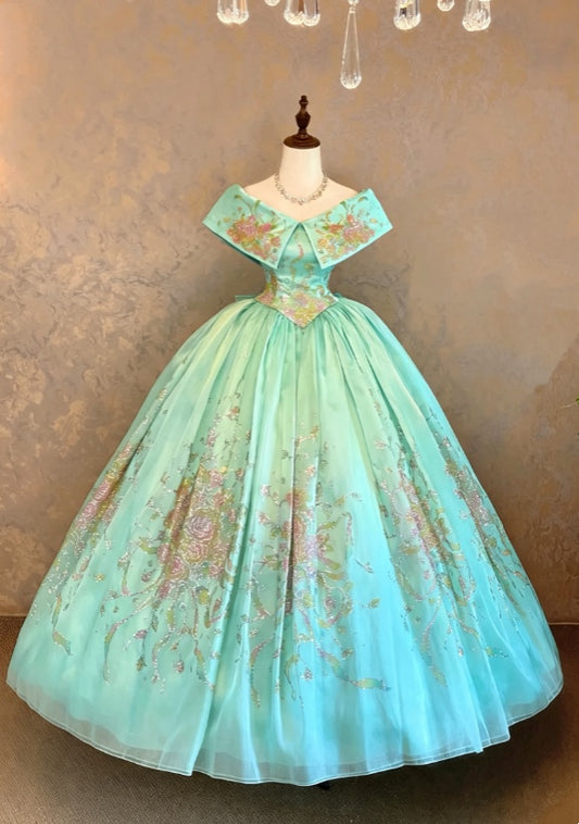 Elegant Mint Off The Shoulder Gitter Floral Print Satin Corset Voluminous Chiffon Skirt Ball Gown Long Prom Dress AD1086