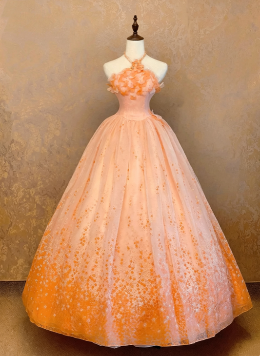 Gorgeous Orange Halter Neck 3D Petal Floral Tulle A Line Long Prom Dress AD1088