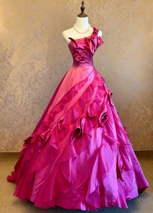 Chic Hot Pink One Shoulder Satin 3D Petal Floral Ruffle Voluminous A Line Long Prom Dress AD1089