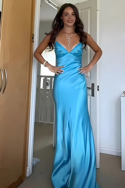 Aqua Blue Spaghetti Strap Long Satin Prom Dress With Lace Bodice AD109