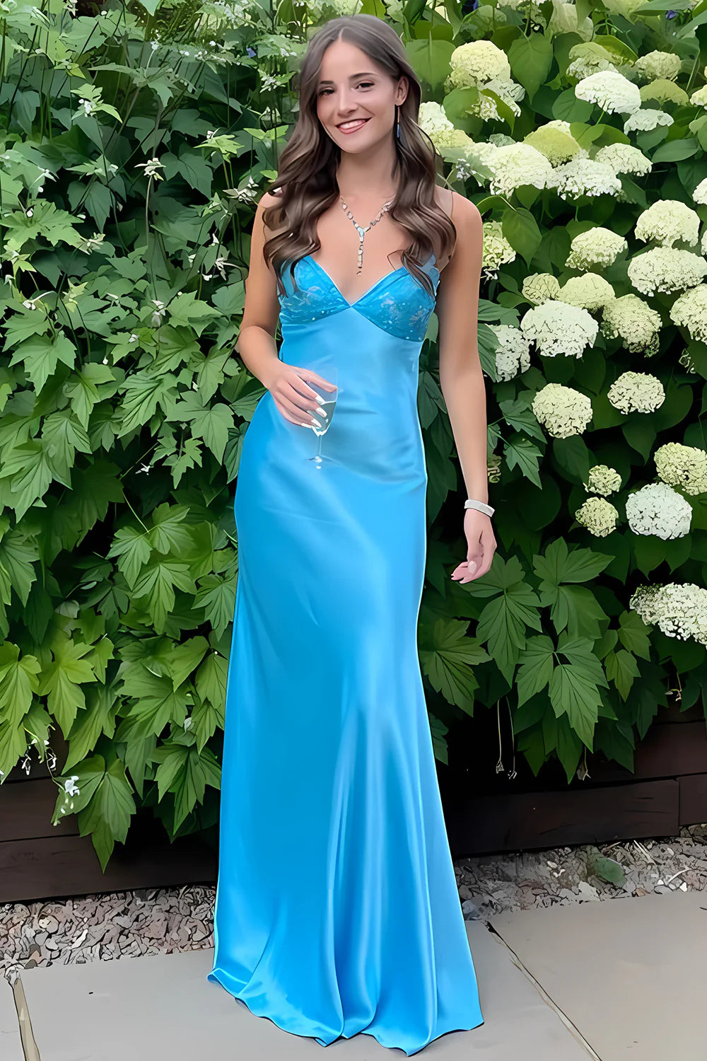 Aqua Blue Spaghetti Strap Long Satin Prom Dress With Lace Bodice AD109