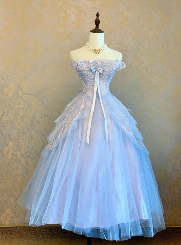 Stunning Light Blue Strapless Ruffle Neck Front Bow Long Ribbon Detail Multi-Layer Tulle Midi A Line Prom Dress AD1090