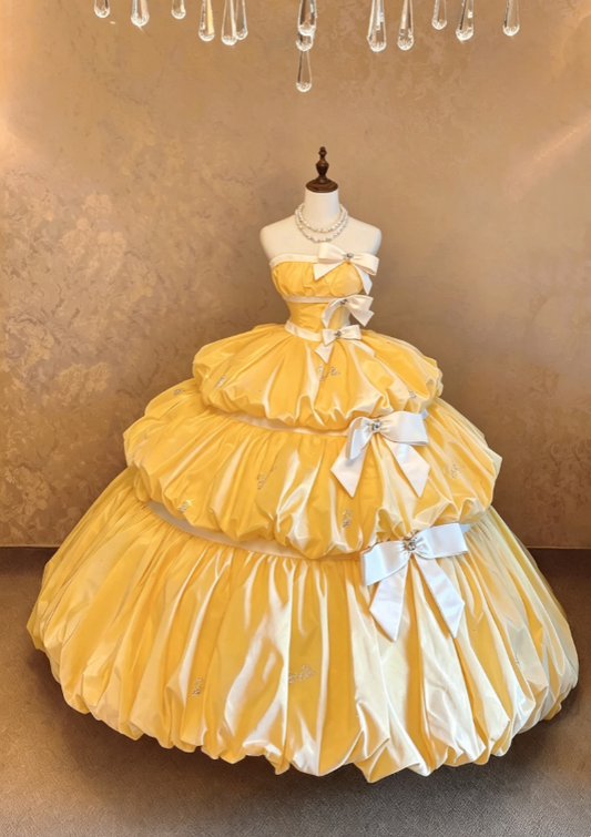 Gorgeous Yellow Strapless White Trim Rhinestone Bow Multi-Tier Puffy Bubble Satin Ballgown Long Prom Dress AD1091