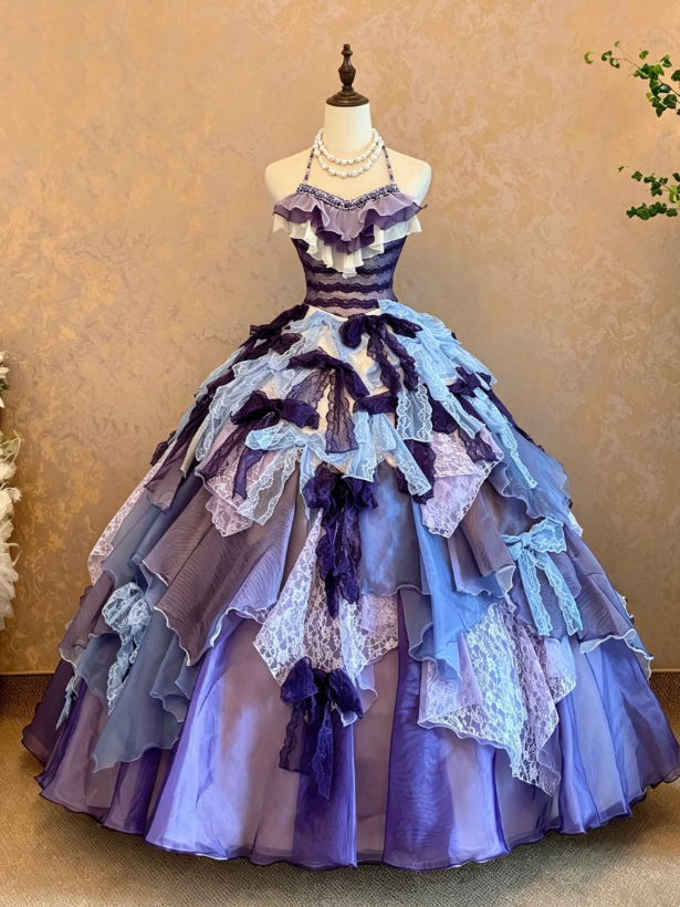 Stunning Purple Blue Halter Ruffle Neck Lace Corset Multi-Tier Lace Bow Ballgown Long Prom Dress AD1092