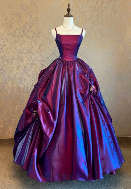Chic Purple Spaghetti Strap Square Neck Rhinestone Satin Runched Floral Voluminous Skirt Ballgown Long Prom Dress AD1093