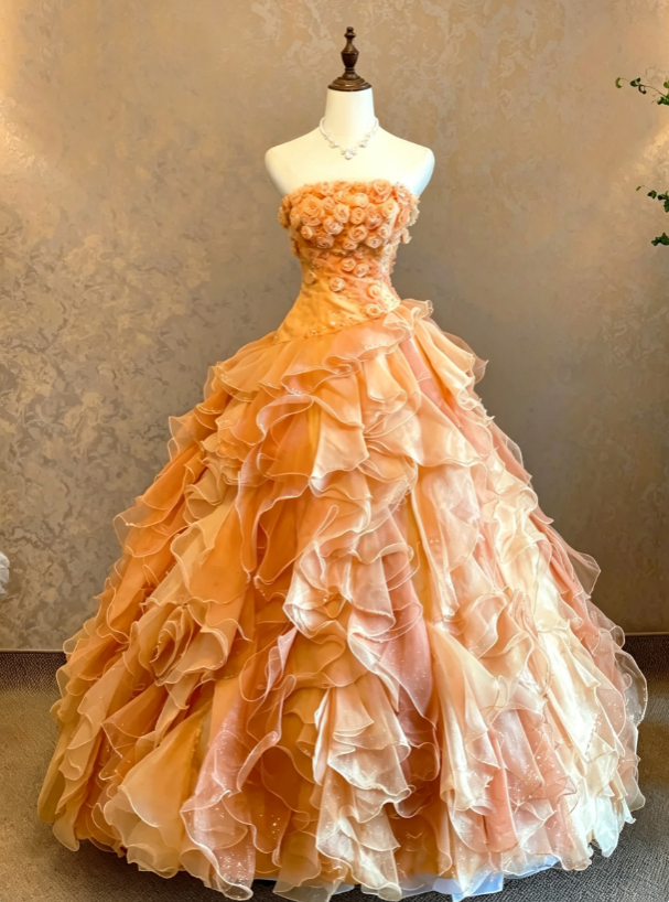 Glam Gradient Orange Strapless 3D Rose Floral Bodice Sparkle Multi-Layer Wavy Ruffle Organza Ballgown Long Prom Dress AD1094