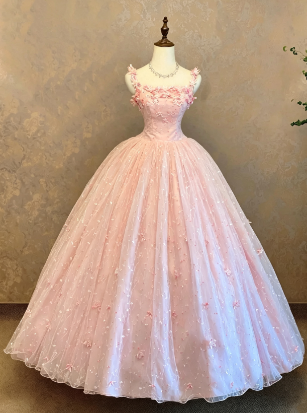 Gorgeous Pink Spaghetti Strap Square Neck 3D Floral Appliques Sparkle Tulle Princess Ballgown Long Prom Dress AD1095