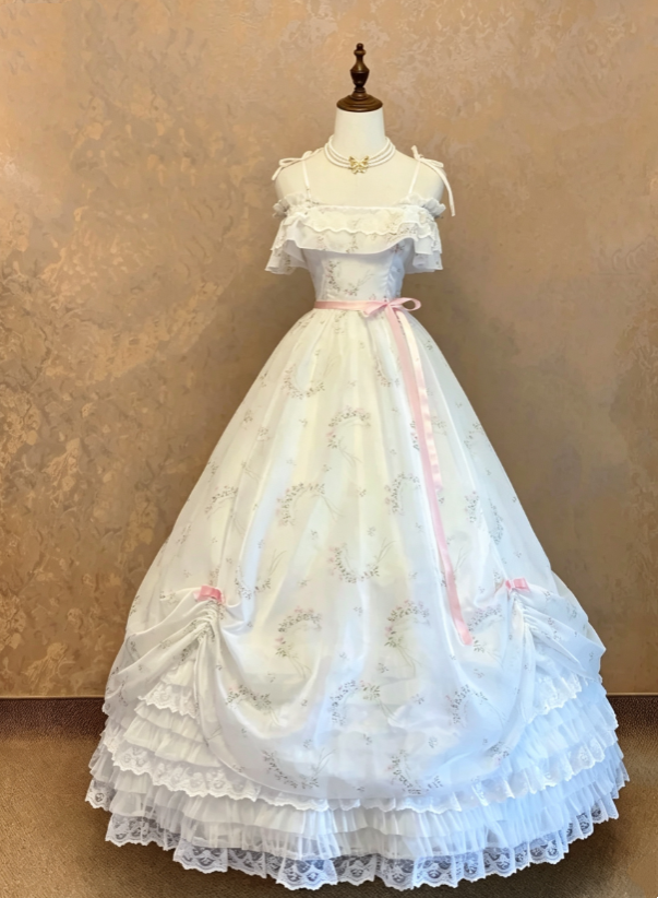 Glam White Floral Print Spaghetti Strap Ruffle Neck Pink Satin Sash Bow Multi-Layer Lace Hem Lolita Ballgown Long Prom Dress AD1097