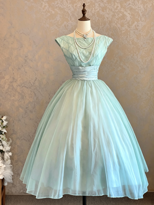 Chic Mint Cap Sleeve Bateau Neck Diamond Bodice Runched Wrap Waistband Flowy Sheer Chiffon Midi A Line Prom Dress AD1098