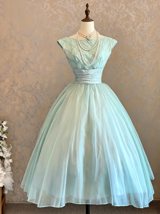 Chic Mint Cap Sleeve Bateau Neck Diamond Bodice Runched Wrap Waistband Flowy Sheer Chiffon Midi A Line Prom Dress AD1098