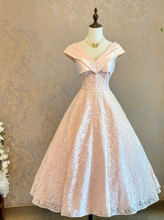 Chic Blush Pink Off The Shoulder V Neck Floral Lace Long A-Line Short Homecoming Dress AD1099