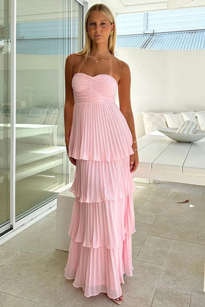 Chic A Line Sweetheart Pink Long Prom Dress with Ruffles AD110