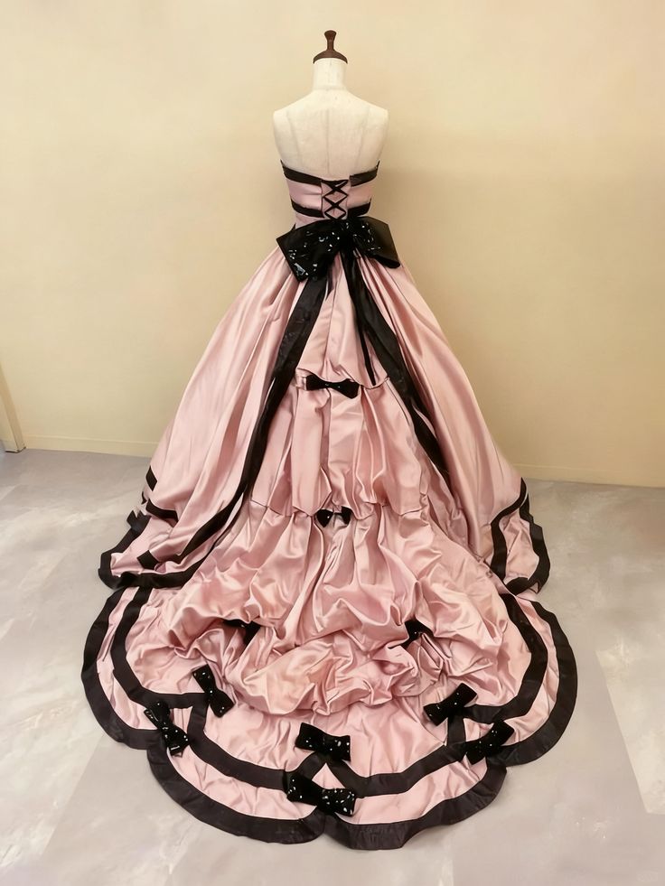 Elegant Pink Strapless Black Sequin Bow Black Trim A-Line Train Prom Dress AD1100