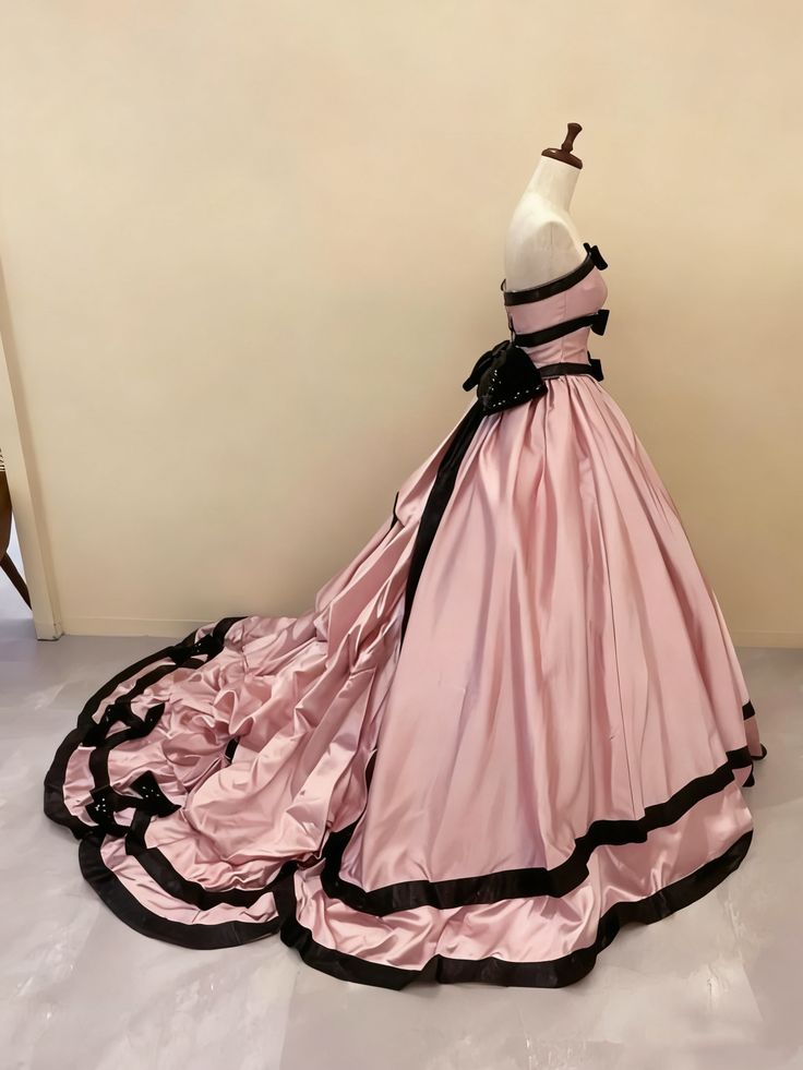 Elegant Pink Strapless Black Sequin Bow Black Trim A-Line Train Prom Dress AD1100