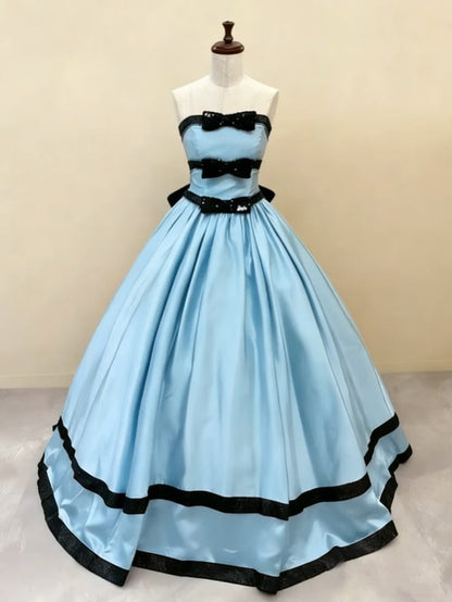 Elegant Pink Strapless Black Sequin Bow Black Trim A-Line Train Prom Dress AD1100