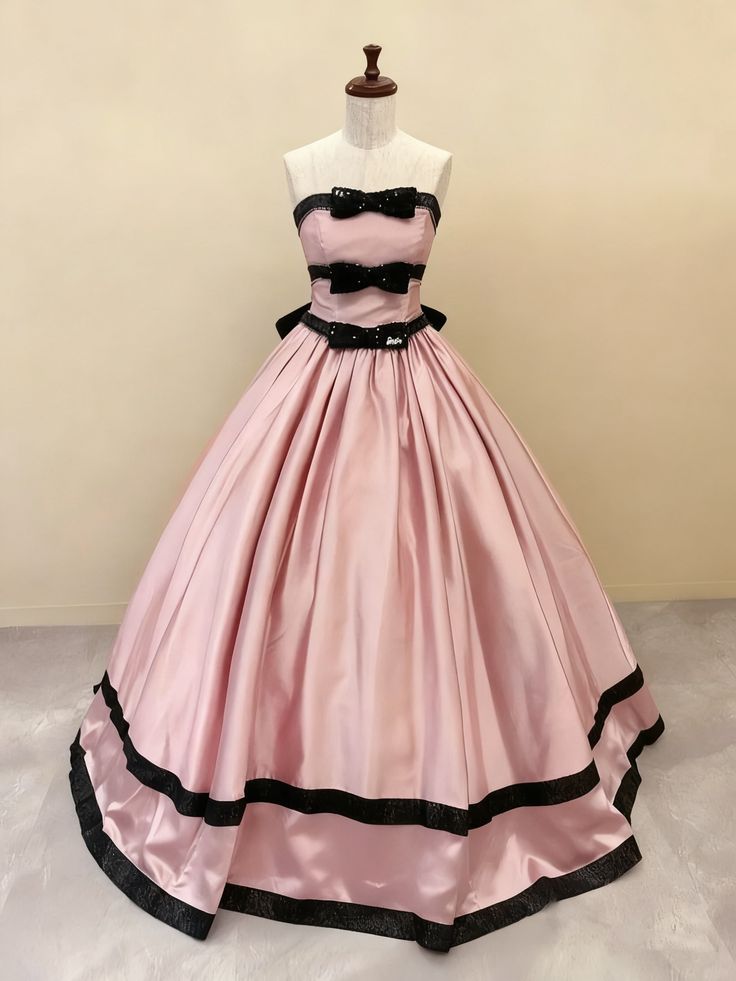 Elegant Pink Strapless Black Sequin Bow Black Trim A-Line Train Prom Dress AD1100