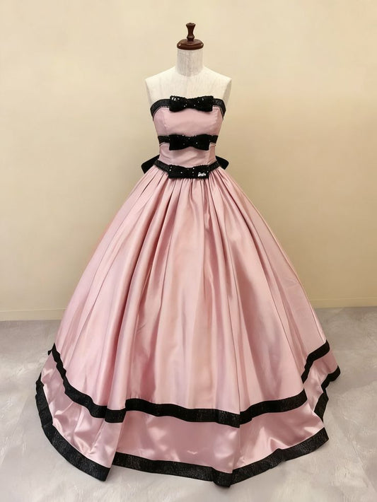 Elegant Pink Strapless Black Sequin Bow Black Trim A-Line Train Prom Dress AD1100