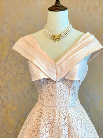 Chic Blush Pink Off The Shoulder V Neck Floral Lace Long A-Line Short Homecoming Dress AD1099