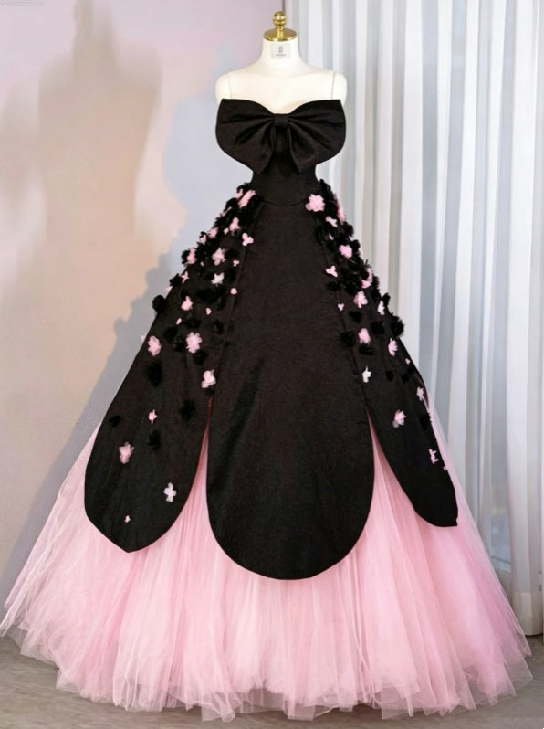Dramatic Black Strapless Big Bow 3D Floral Appliques Voluminous Tulle A Line Long Prom Dress AD1102