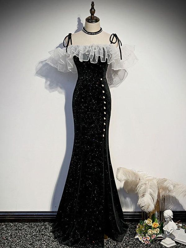 Stunning Black Off Shoulder Tie Spaghetti Straps Shimmer Mermaid Long Prom Dress AD1104