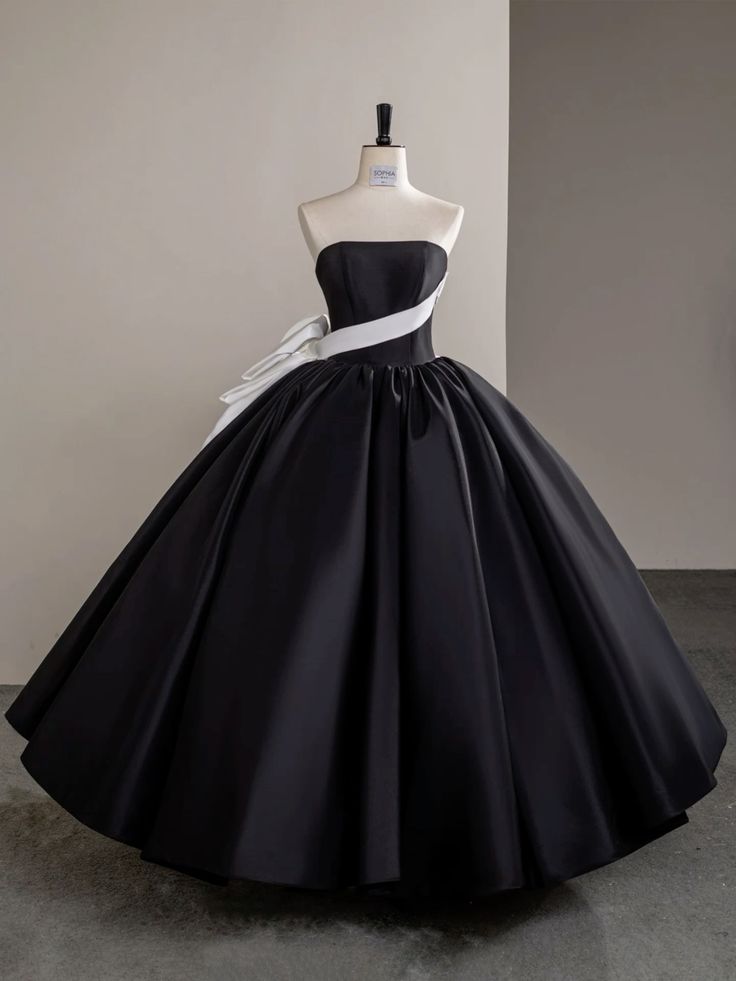 Classic Black Satin Strapless White Ribbon Sash Bow Ball Gown Long Prom Dress AD1106