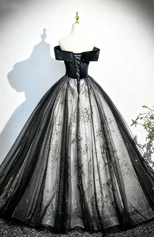 Elegant Black Velvet Off The Shoulder Ball Gown Glitter Floral Tulle A Line Long Homecoming Dress AD1109