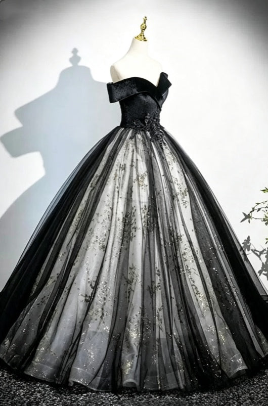 Elegant Black Velvet Off The Shoulder Ball Gown Glitter Floral Tulle A Line Long Homecoming Dress AD1109