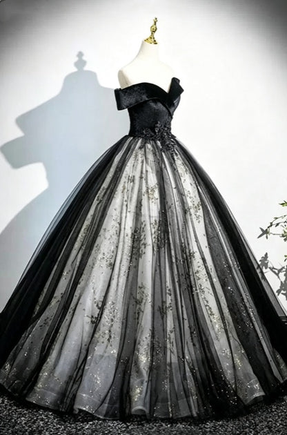 Elegant Black Velvet Off The Shoulder Ball Gown Glitter Floral Tulle A Line Long Homecoming Dress AD1109