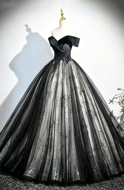 Elegant Black Velvet Off The Shoulder Ball Gown Glitter Floral Tulle A Line Long Homecoming Dress AD1109