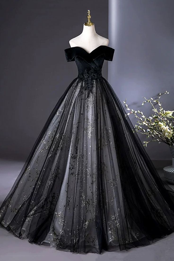 Elegant Black Velvet Off The Shoulder Ball Gown Glitter Floral Tulle A Line Long Homecoming Dress AD1109