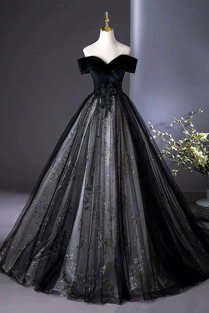 Elegant Black Velvet Off The Shoulder Ball Gown Glitter Floral Tulle A Line Long Homecoming Dress AD1109