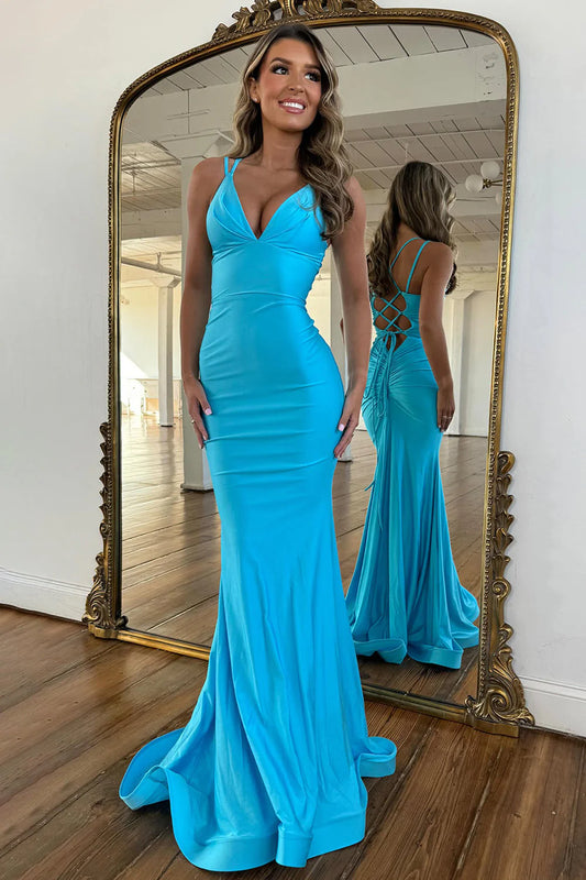 Simple Lake Blue Mermaid Prom Dress With Lace Up Double Straps And Satin Fabric AD111