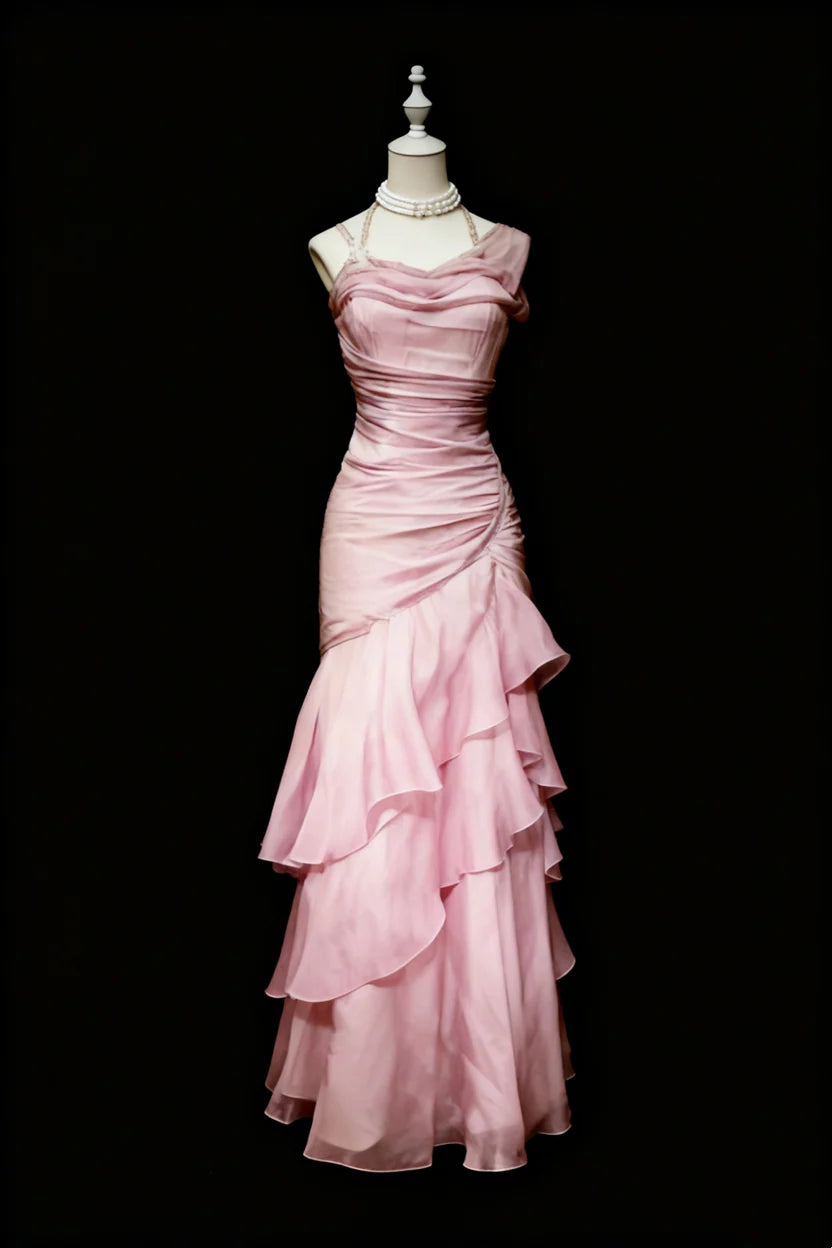 Romantic Pink Spaghetti Strap Ruched Tiered Chiffon Mermaid Long Prom Dress AD1111