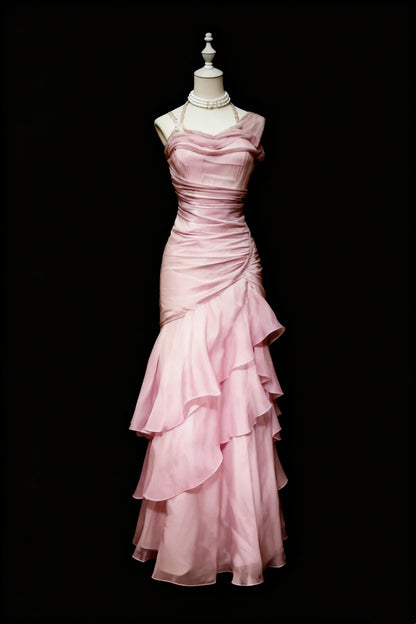 Romantic Pink Spaghetti Strap Ruched Tiered Chiffon Mermaid Long Prom Dress AD1111