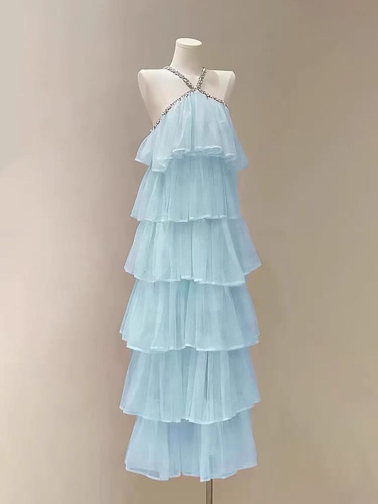 Fresh Light Blue Rhinestone Halter Tiered Tulle A Line Long Prom Dress AD1112