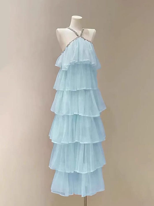Fresh Light Blue Rhinestone Halter Tiered Tulle A Line Long Prom Dress AD1112