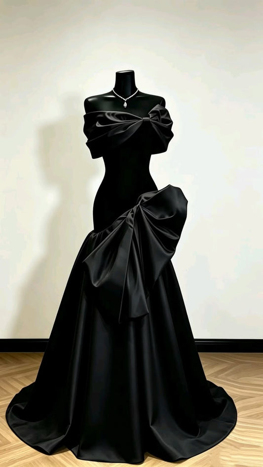 Glam Black Off Shoulder Large Bow Satin Mermaid Long Prom Dress AD1115