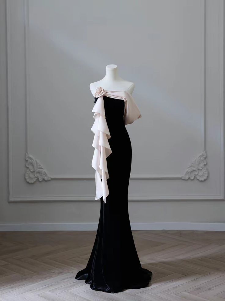 Elegant Black Strapless Blush 3D Rose Ruffle Sash Mermaid Long Prom Dress AD1117