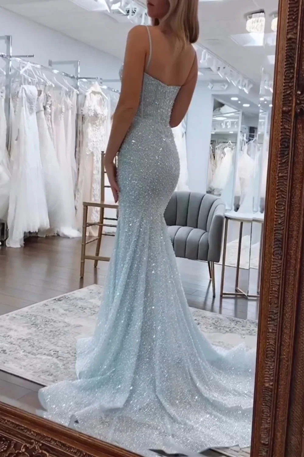 Bling Mermaid Spaghetti Straps Light Blue Sequins Long Prom Dress AD112
