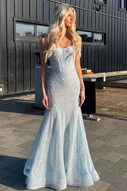 Bling Mermaid Spaghetti Straps Light Blue Sequins Long Prom Dress AD112