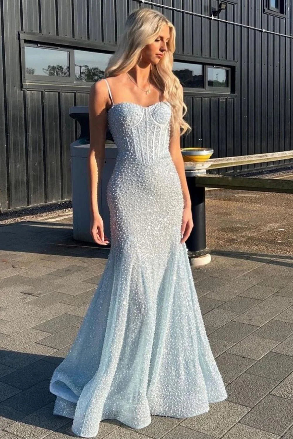 Bling Mermaid Spaghetti Straps Light Blue Sequins Long Prom Dress AD112