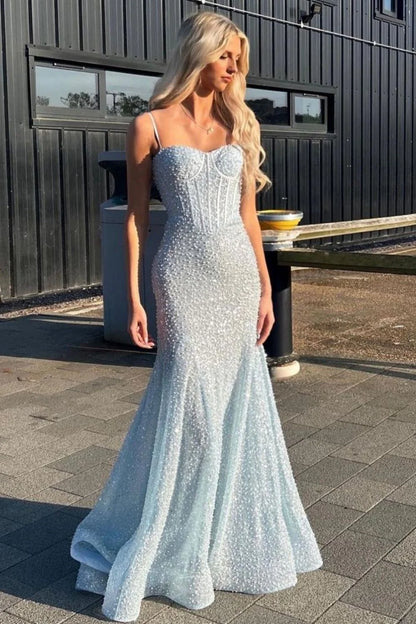 Bling Mermaid Spaghetti Straps Light Blue Sequins Long Prom Dress AD112