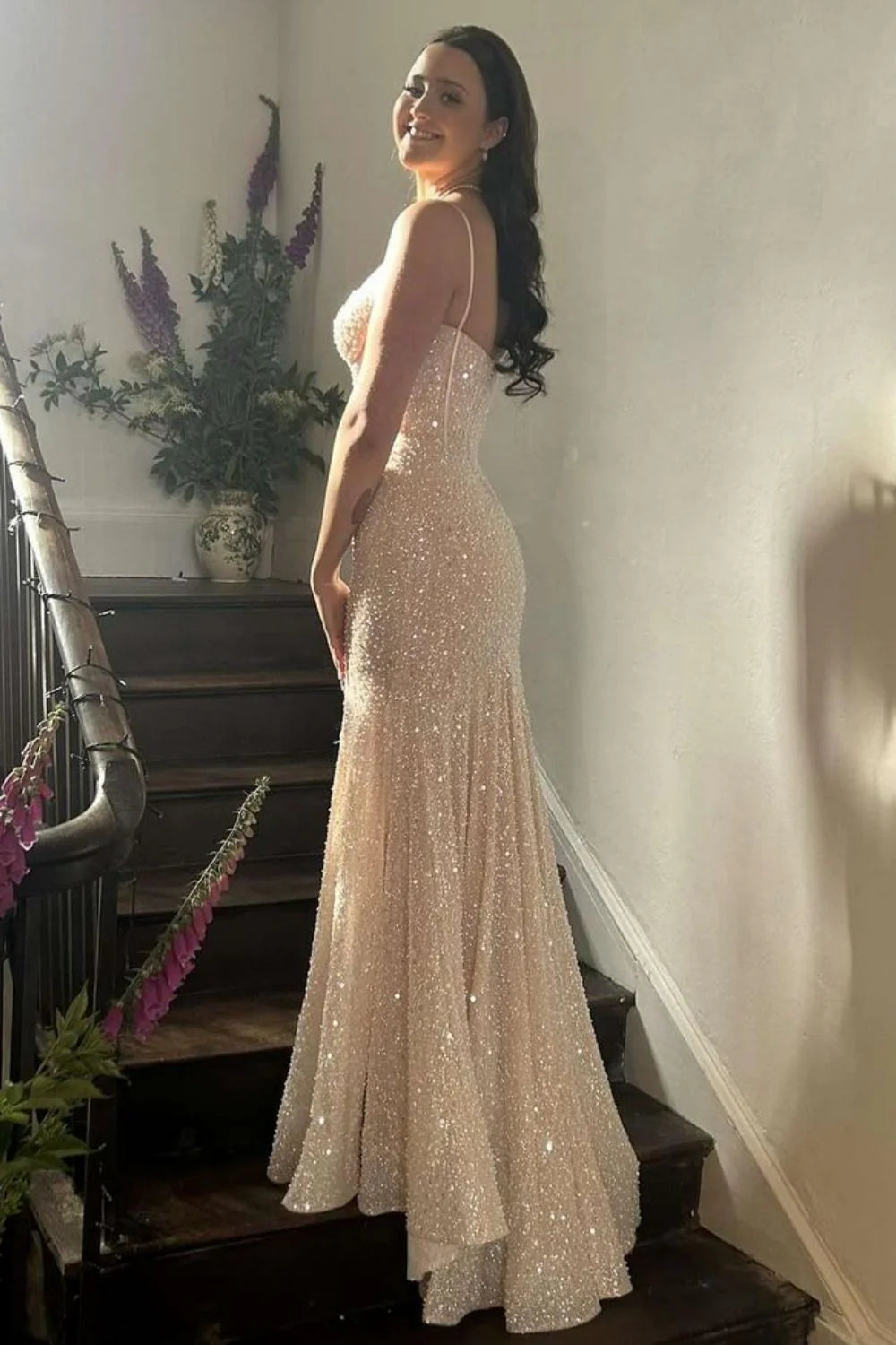 Bling Mermaid Spaghetti Straps Light Blue Sequins Long Prom Dress AD112