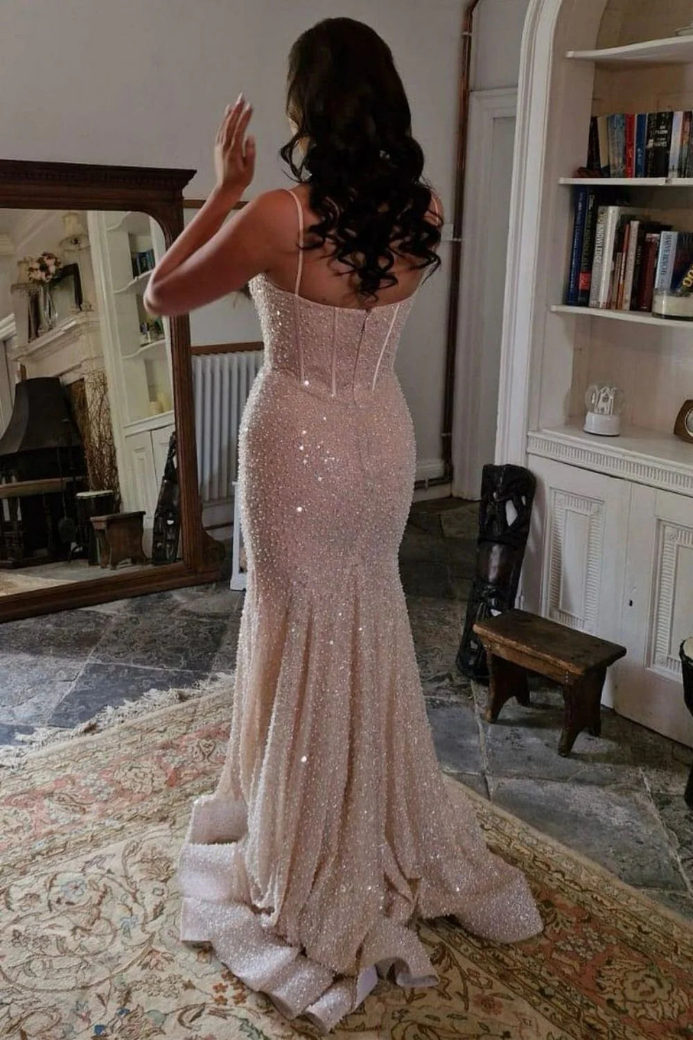 Bling Mermaid Spaghetti Straps Light Blue Sequins Long Prom Dress AD112