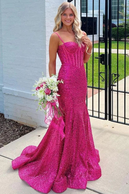 Bling Mermaid Spaghetti Straps Light Blue Sequins Long Prom Dress AD112
