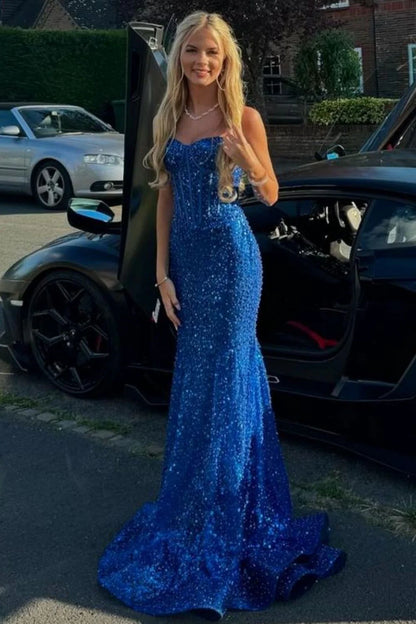 Bling Mermaid Spaghetti Straps Light Blue Sequins Long Prom Dress AD112