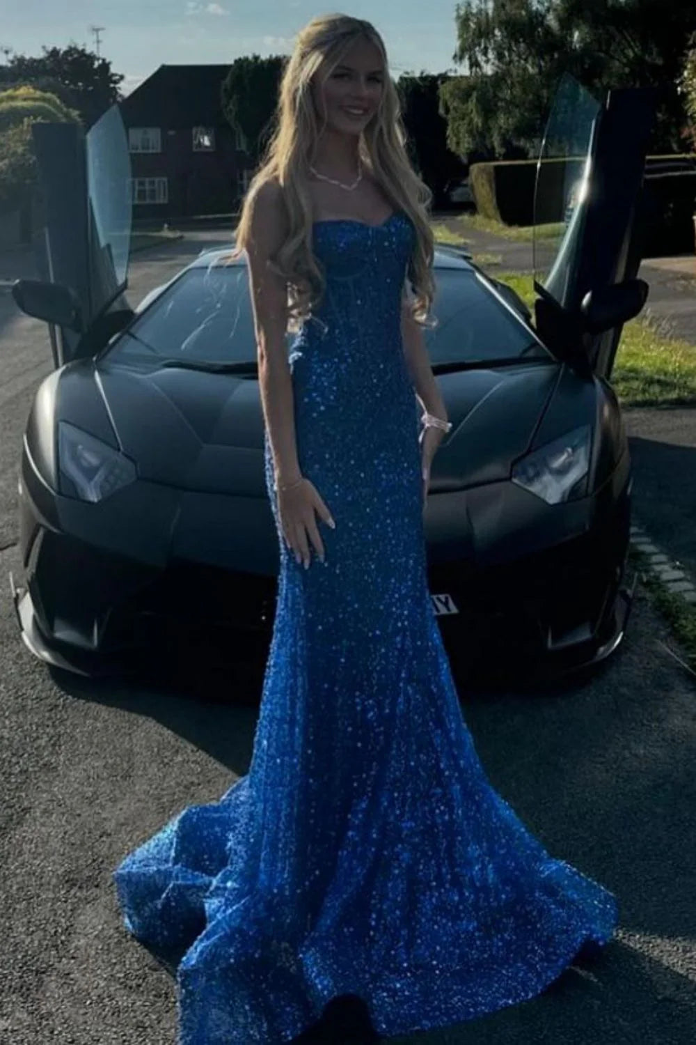 Bling Mermaid Spaghetti Straps Light Blue Sequins Long Prom Dress AD112