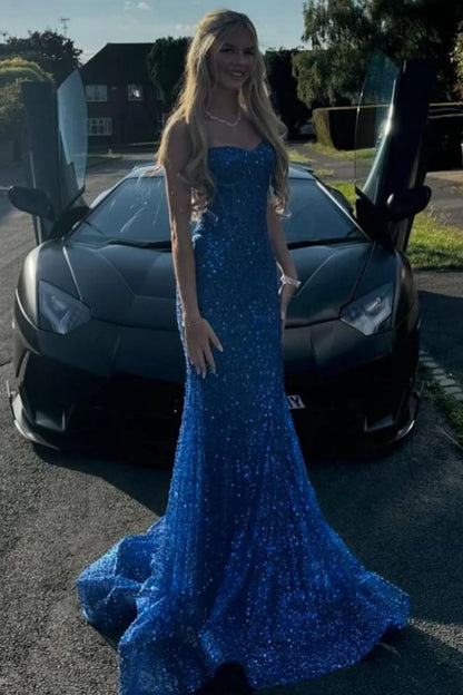 Bling Mermaid Spaghetti Straps Light Blue Sequins Long Prom Dress AD112