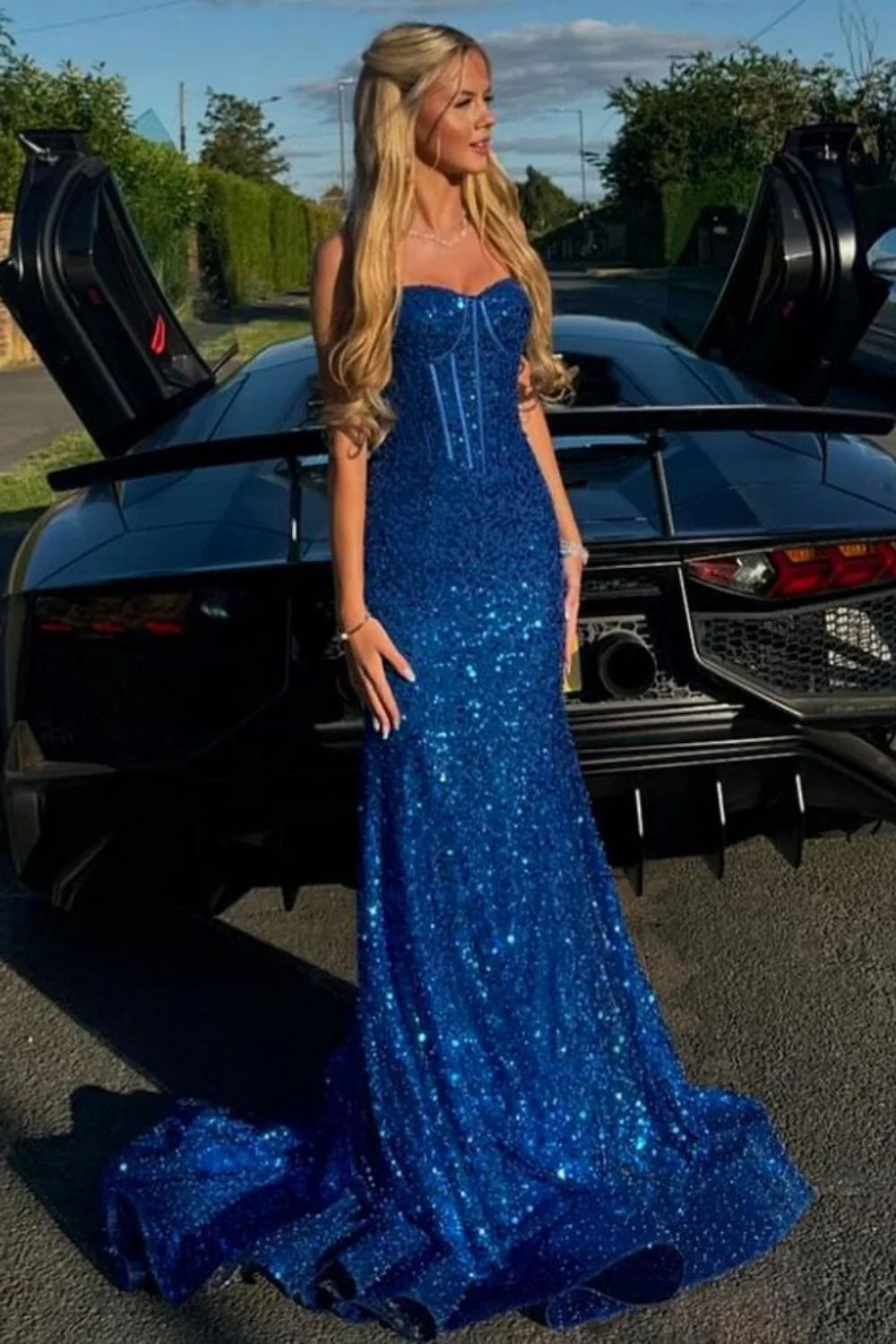 Bling Mermaid Spaghetti Straps Light Blue Sequins Long Prom Dress AD112
