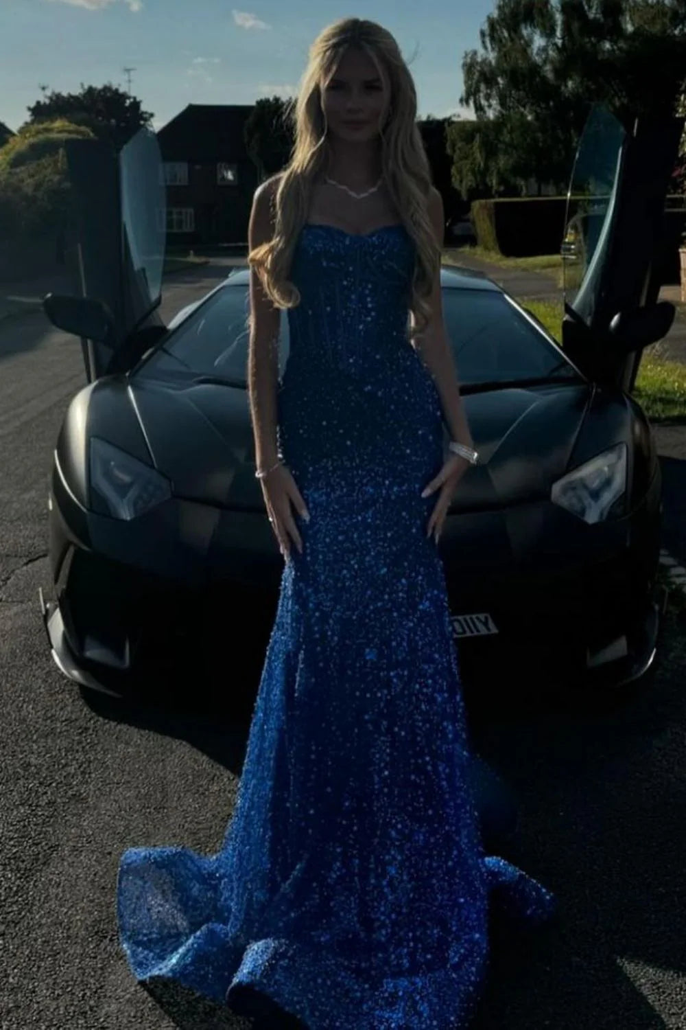 Bling Mermaid Spaghetti Straps Light Blue Sequins Long Prom Dress AD112